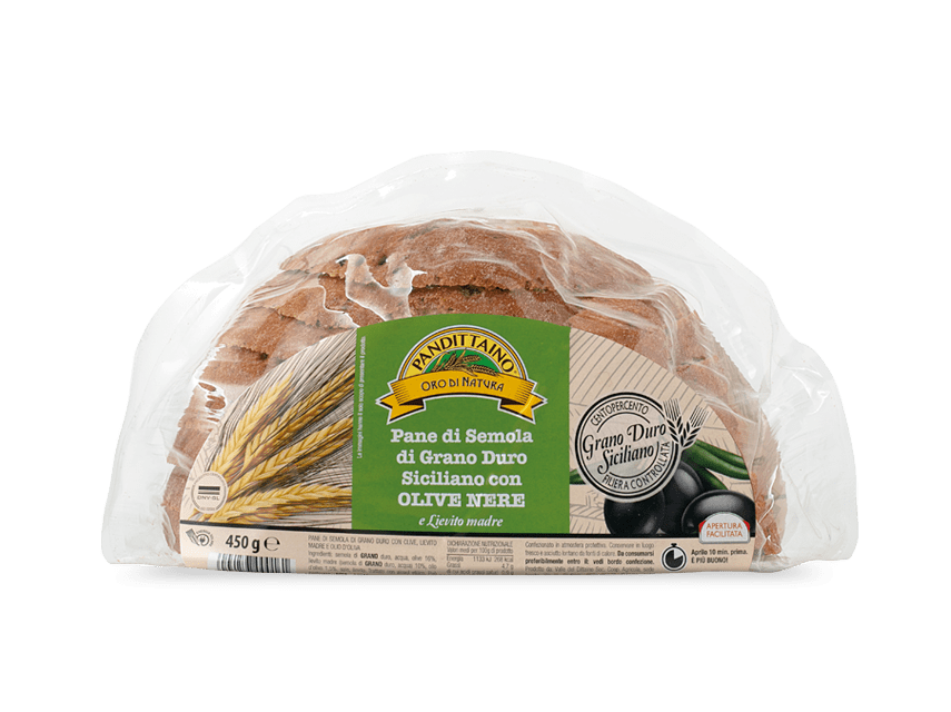 Pack delle fette di pane con semola di grano duro e olive nere di Pandittaino